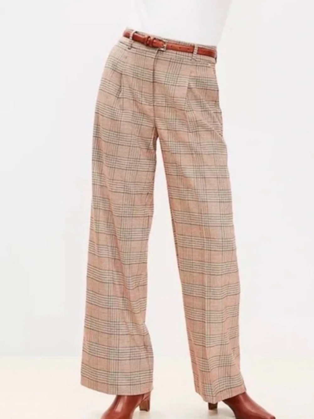NEW Beige Plaid LOFT High Rise Wide-Leg Peyton Trousers 4 NWT